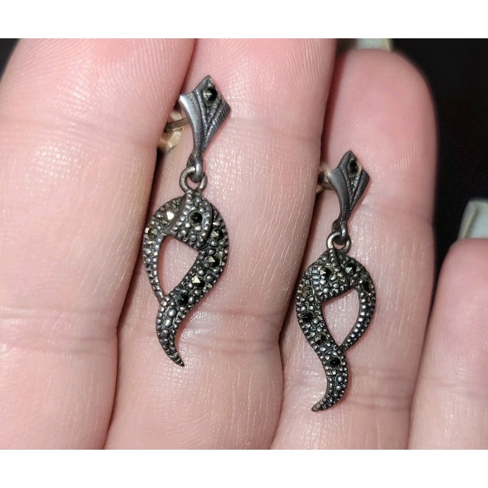 Art Deco geometric marcasite and sterling silver drop post vintage earrings 925